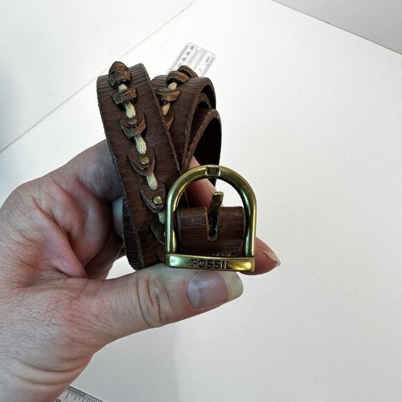 Fossil Brown Leather Belt Boho Bohemian Thin Narrow Womens Large Belts - Picture 2 of 10